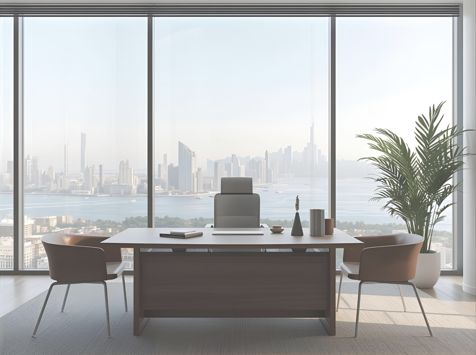 Modern office with a desk, chairs, and a city skyline view through large floor-to-ceiling windows.