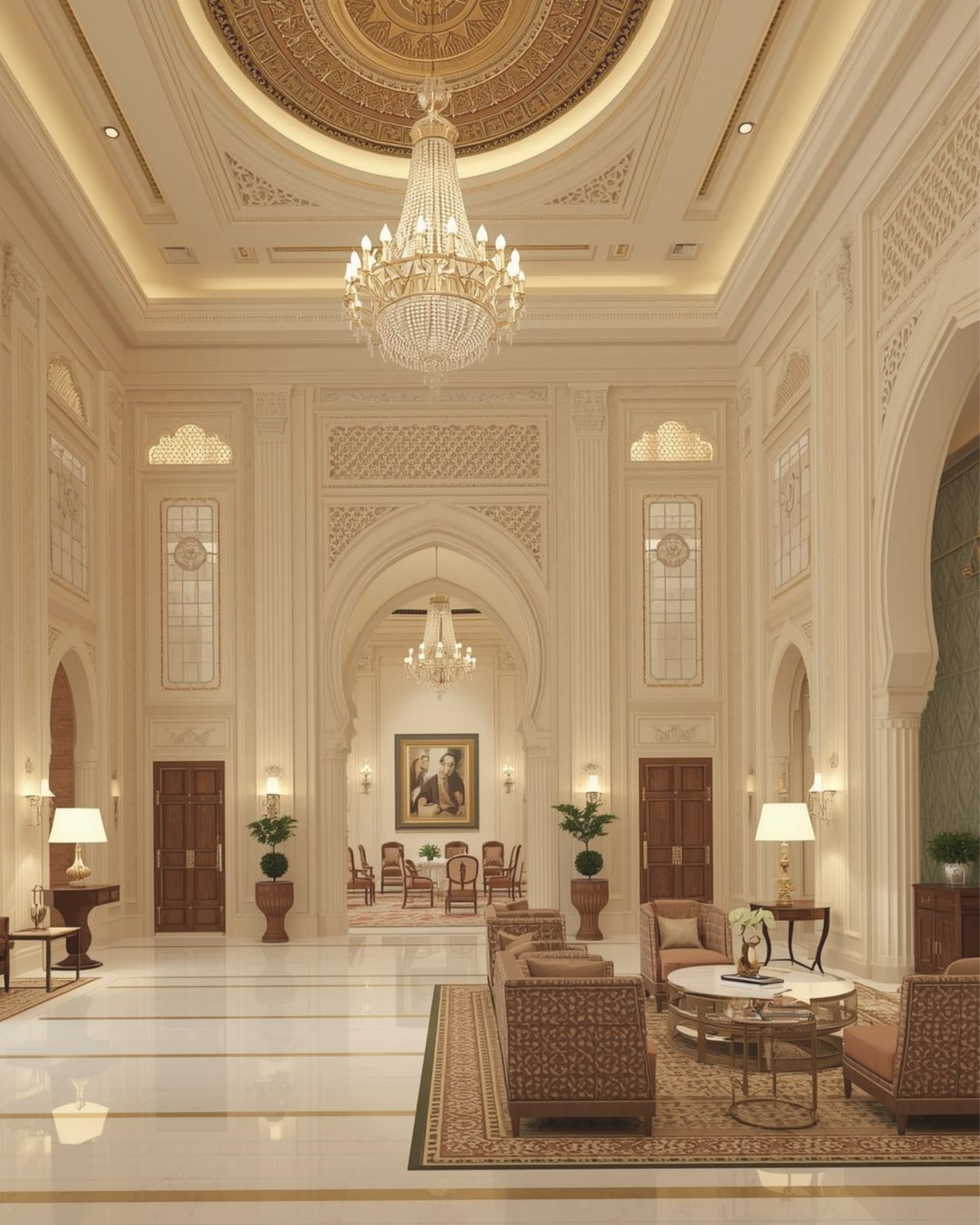 Elegant hotel lobby with high ceilings, chandelier, classical decor, and seating area.