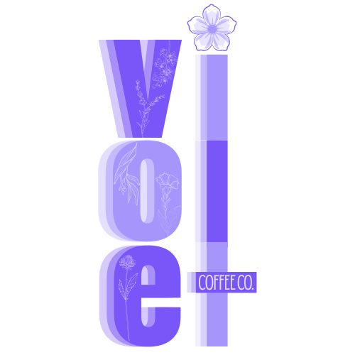 Graphic design with botanical illustrations and the text 'COFFEE CO.' in purple tones.