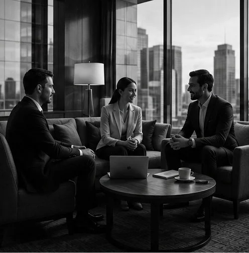 Three businesspeople having a discussion in a modern office lounge with large windows showcasing city skyscrapers.
Corporate travel.