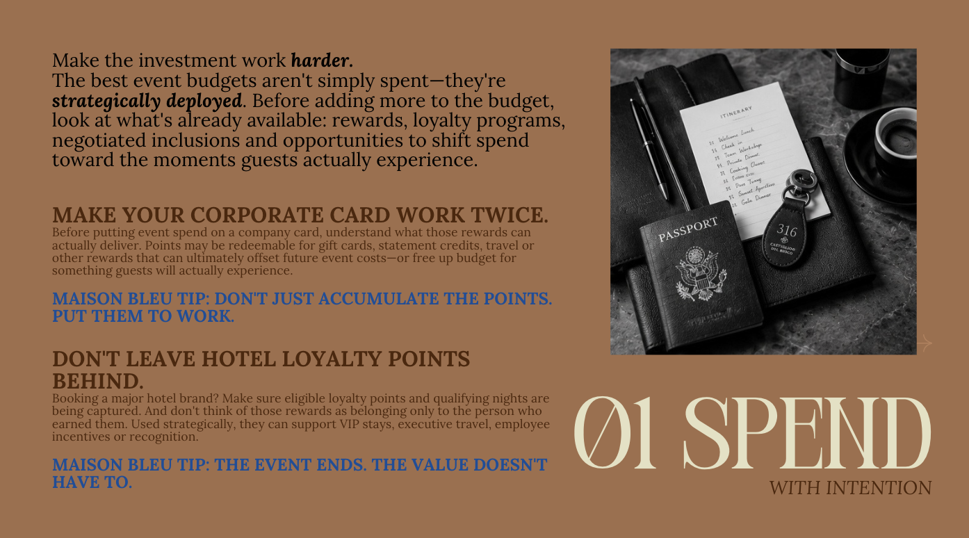 A graphic design layout with text about event budgeting and loyalty programs, featuring an image of a travel document, passport, pen, and coffee cup on a marble surface.