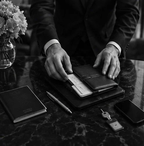 Person in suit organizing a wallet and some documents on a dark marble table, with a notebook, pen, smartphone, and a key nearby, and a flower arrangement in the background. Concierge.