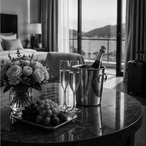 A hotel room with a table set for celebration, featuring a bouquet of flowers, three glasses of champagne, and a bottle in an ice bucket, with a view of mountains and water through large windows. VIP. Perks and Amenities.