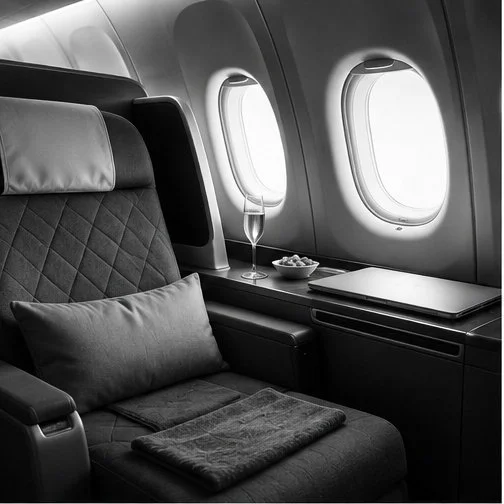 Luxury airplane seat with a pillow, blanket, and a window view.
Executive travel, first-class. VIP.