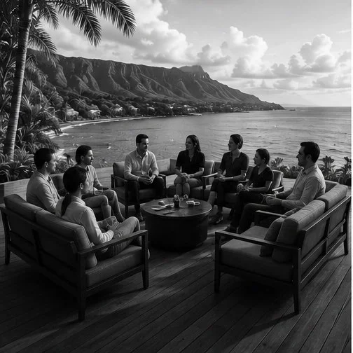 Group of people sitting on outdoor sofas and chairs around a coffee table on a deck, with a view of a beach, ocean, and mountains in the background, in black and white. Incentive and retreats.