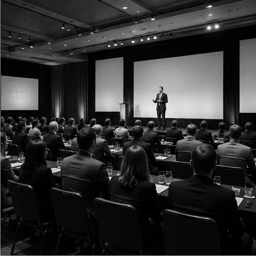 A man giving a presentation on a stage in a conference room with an audience seated and listening. Conferences, awards shows, offsites.