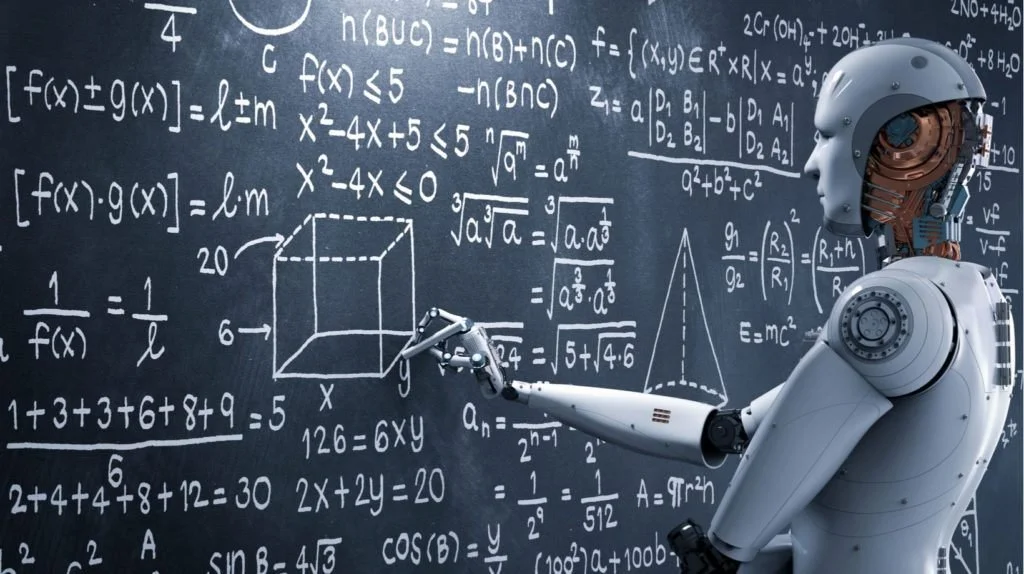 A humanoid robot pointing at a chalkboard filled with mathematical equations, graphs, and geometric shapes.
