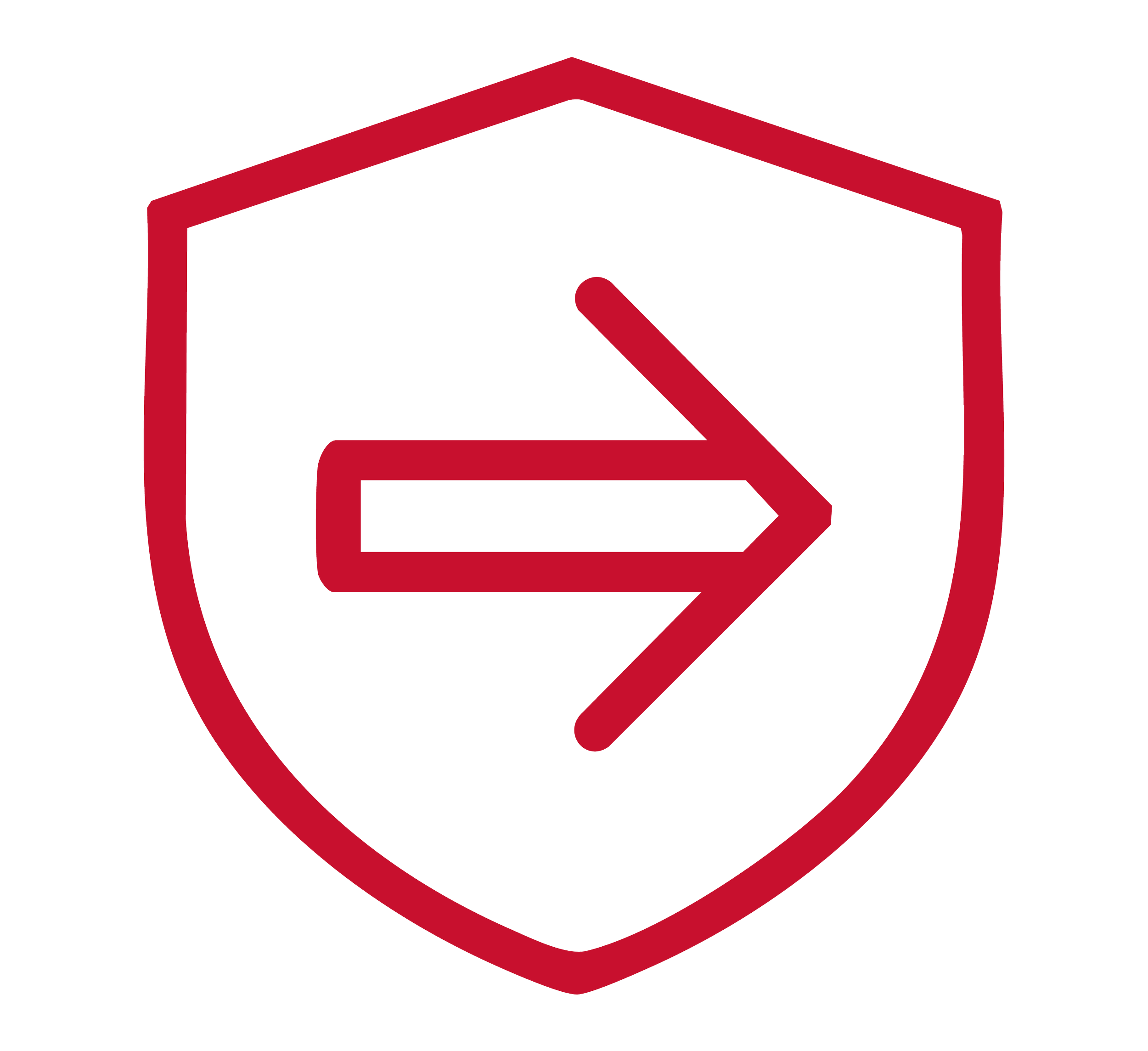 A red shield outline with a right-pointing arrow inside.