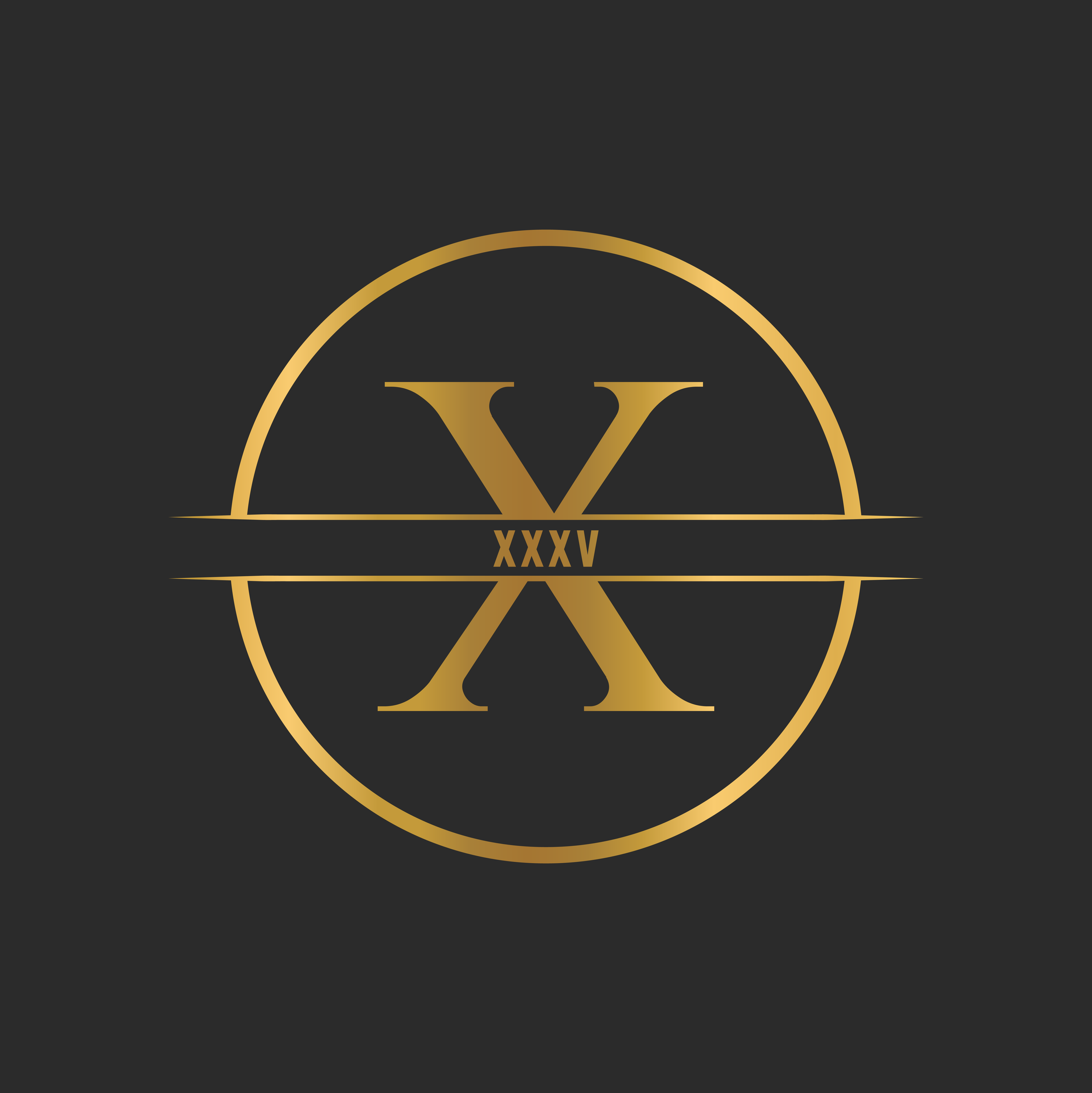 Gold emblem with a large Roman numeral X, the Roman numerals XXXV in the center, and a partial circle surrounding the design on a black background.