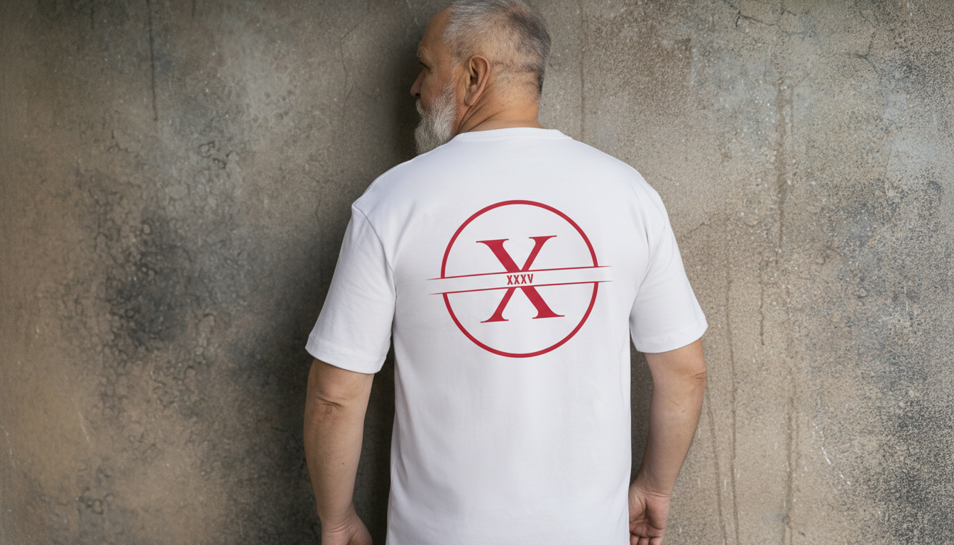 Back of a man wearing a white T-shirt with a red graphic on the back, standing against a textured gray wall.