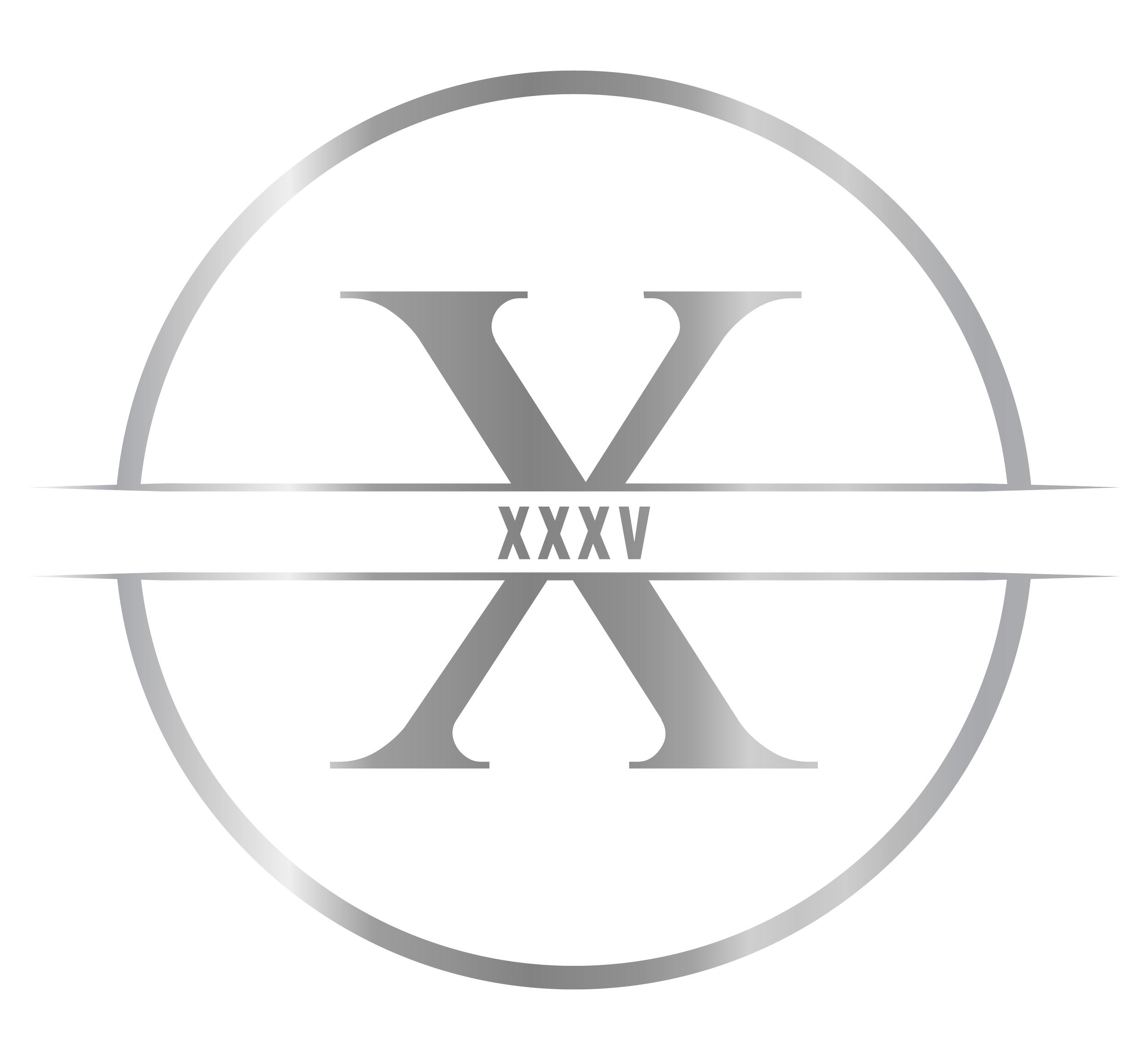 A metallic design of the Roman numeral XXV with a large V in the center, overlayed on a circular silver background.