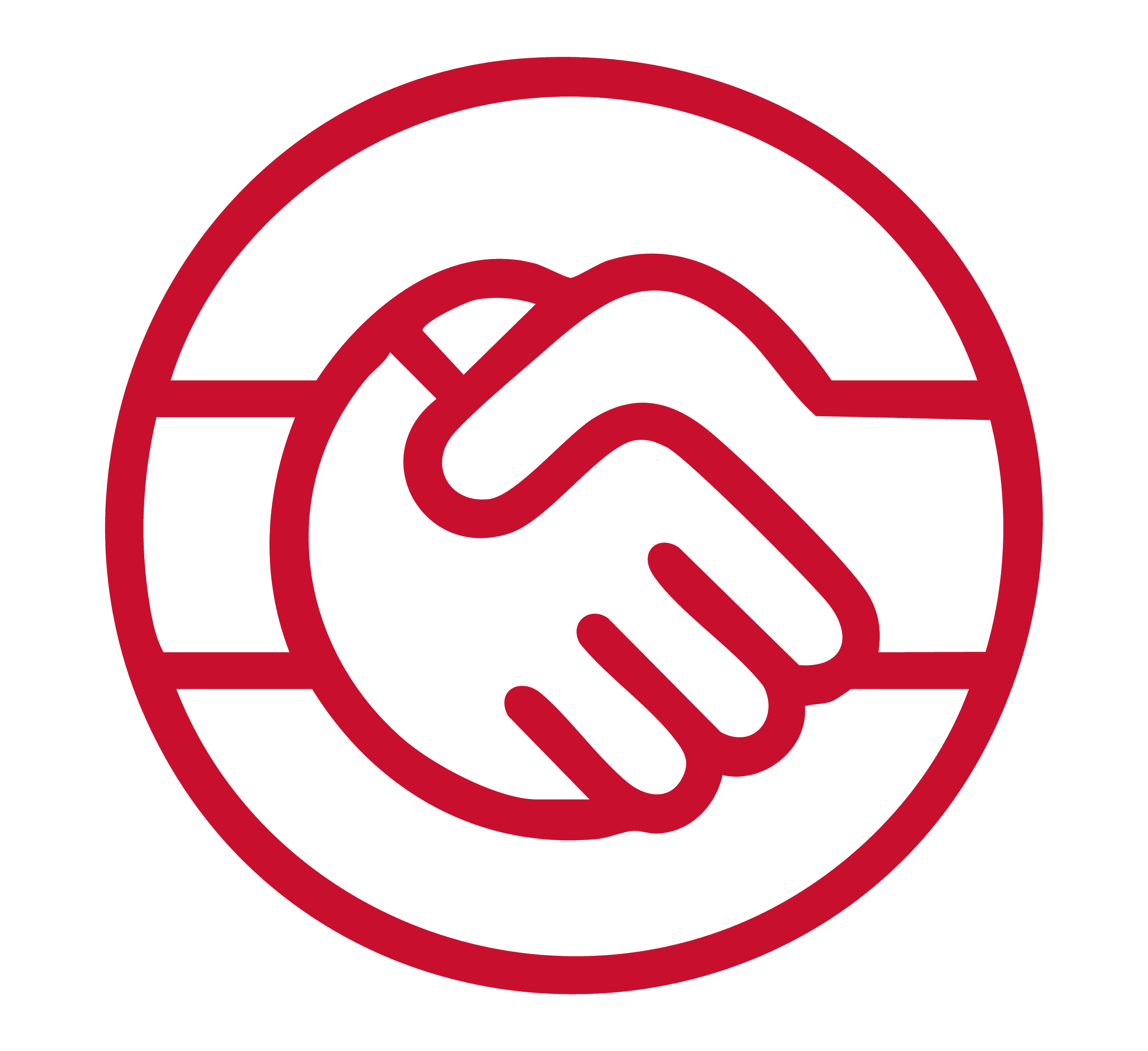 Red and black icon of a handshake symbolizing agreement, partnership, or cooperation.