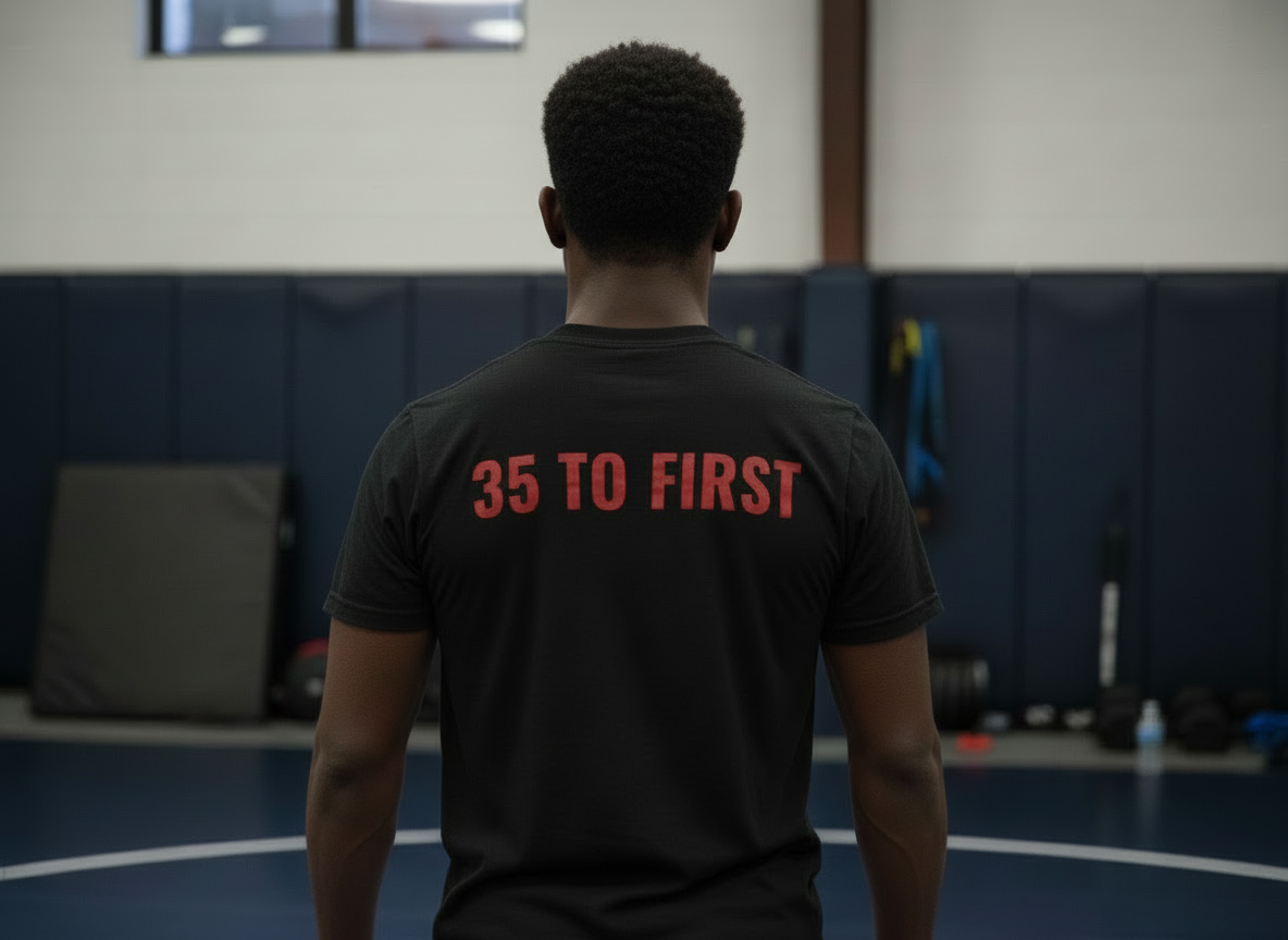 Back of a person in a gym wearing a black T-shirt with red text that reads '35 TO FIRST'.