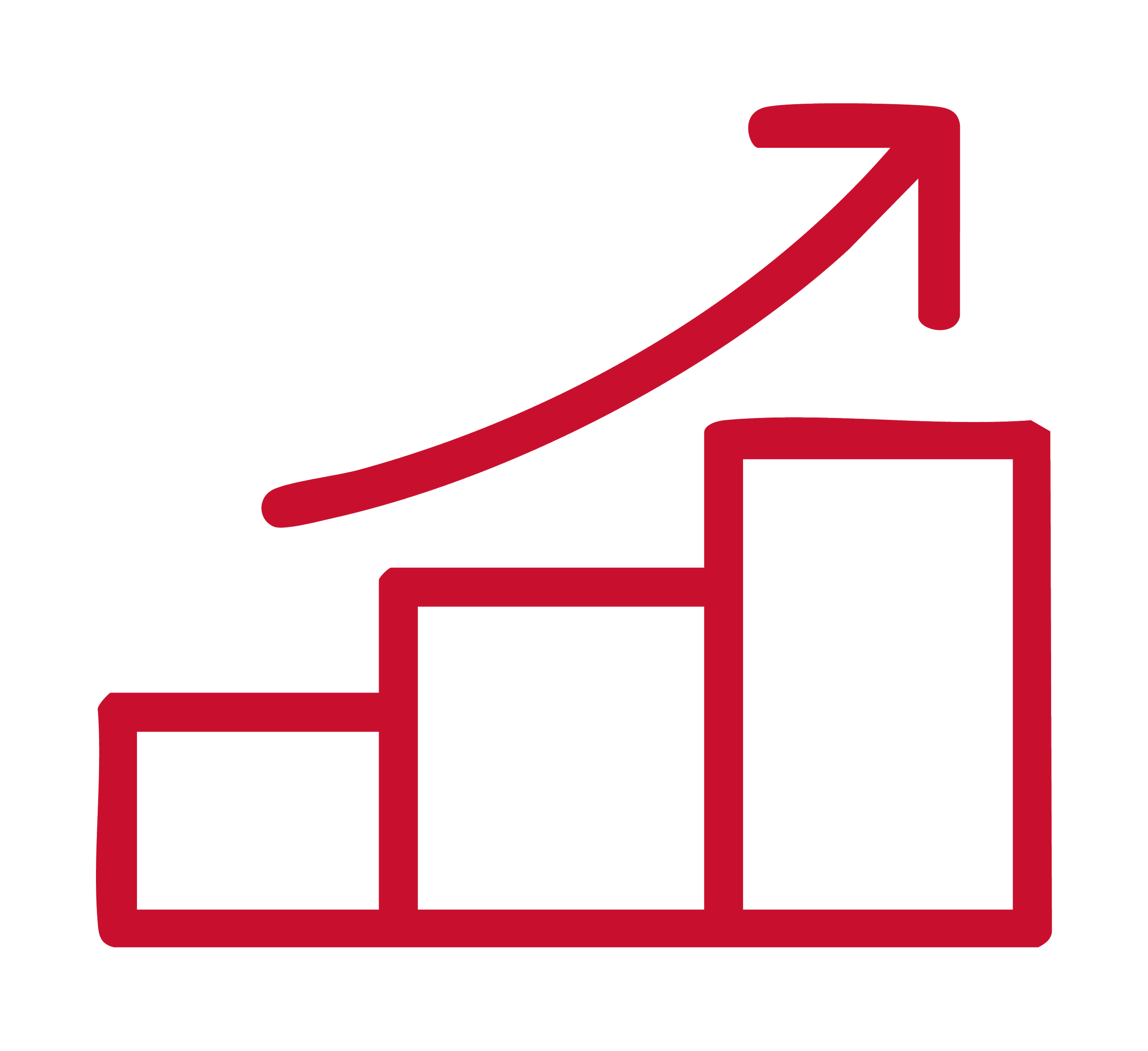 Red outlined bar chart with increasing bars and an upward trending arrow.