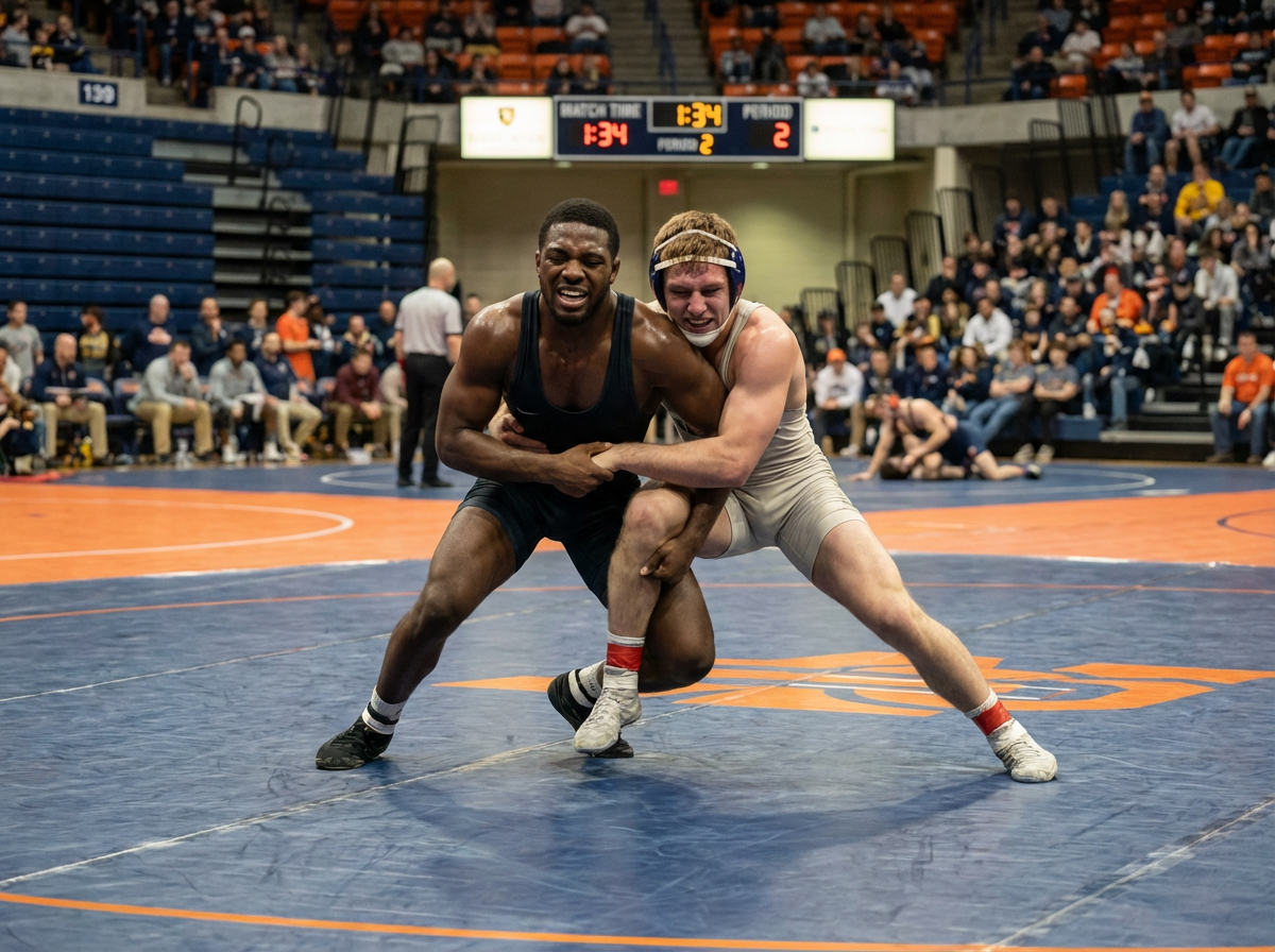 Two wrestlers competing in a match at a wrestling tournament, with spectators watching in the background.