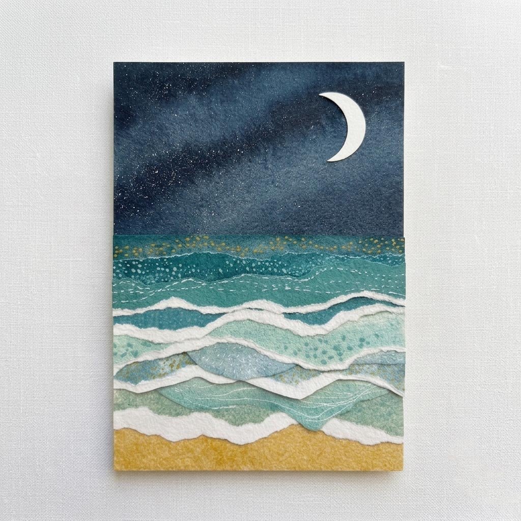 Midnight Coast Torn Paper Collage (5x7 Original) - MADE TO ORDER