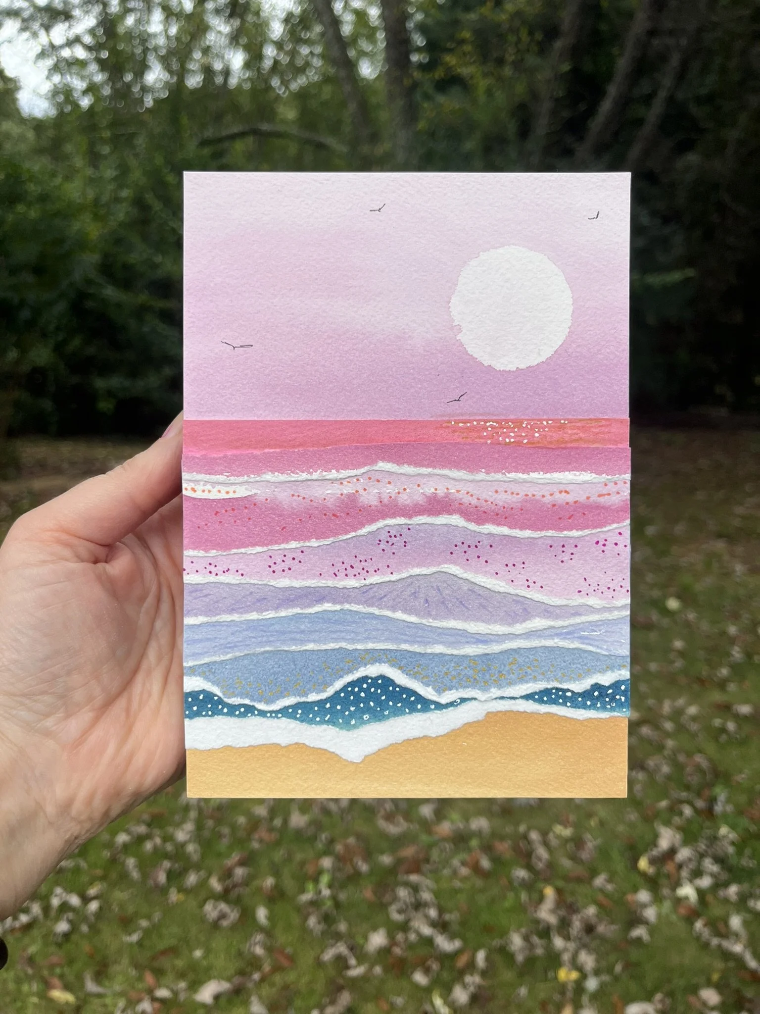 Original 5x7 Beach Landscape Art – One-of-a-Kind Layered Watercolor & Mixed Media Painting