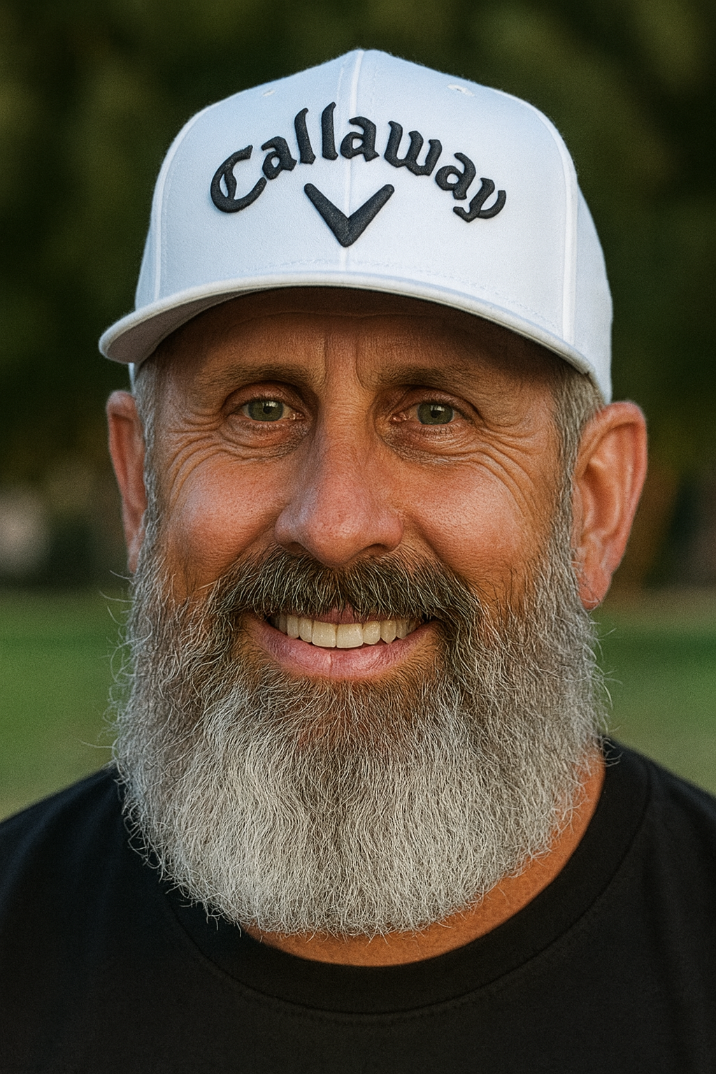 A smiling middle-aged man with a gray beard wearing a white Callaway cap and a black shirt, outdoors with a blurred green background.