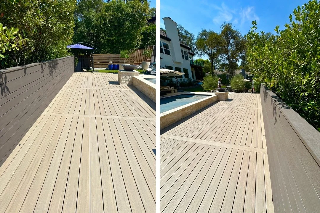 Side-by-side views of a modern outdoor deck with beige wooden planks and a brown wooden privacy wall on the left side, featuring outdoor furniture, potted plants, and trees in a residential backyard.