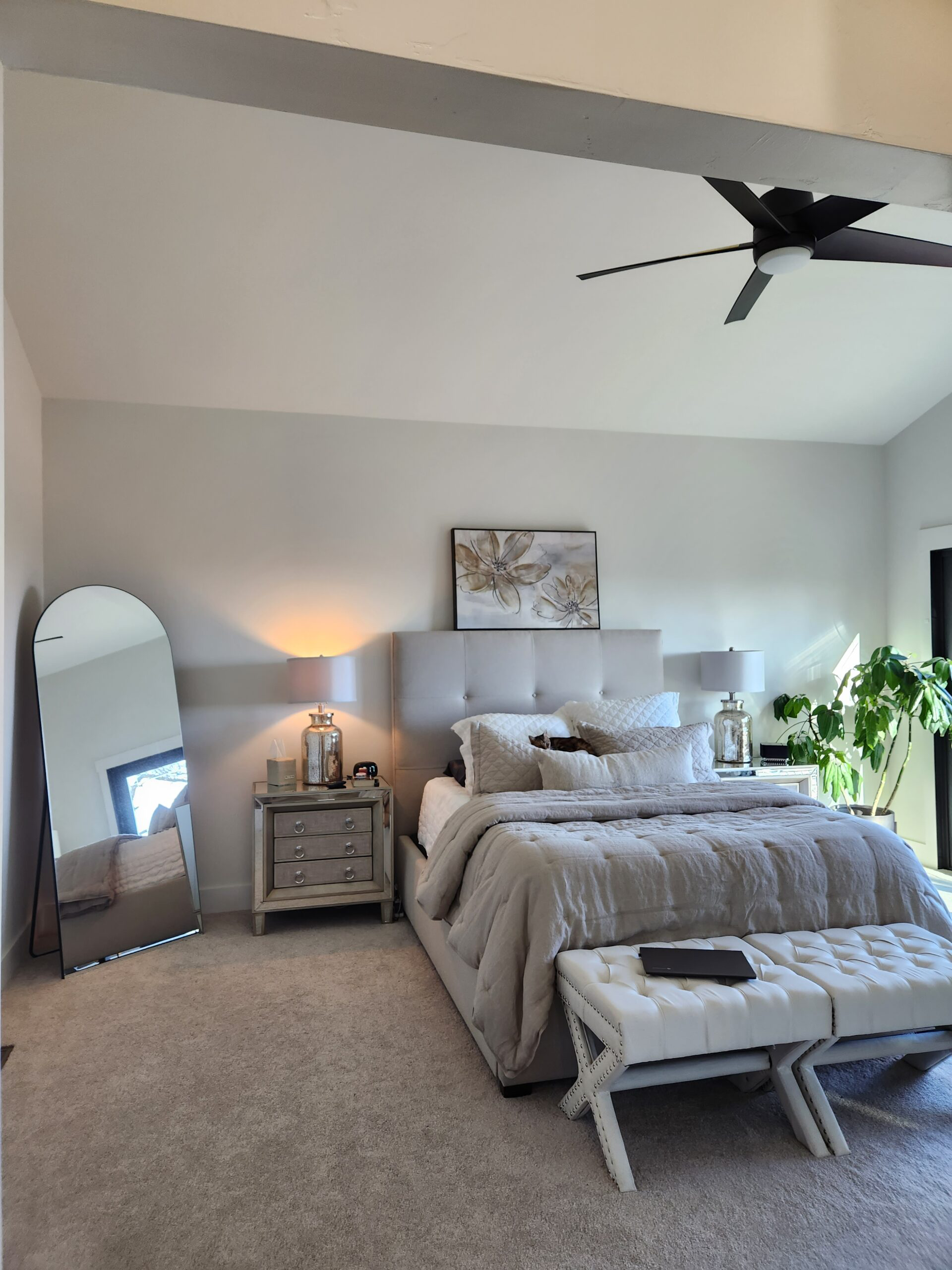 Modern bedroom with a large bed, bedside lamps, a mirror, a ceiling fan, and a window with greenery outside.