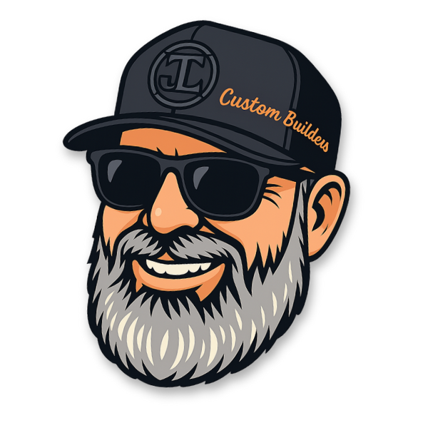 A cartoon-style illustration of a smiling man with a gray beard, wearing sunglasses, a black cap with a logo, and the words 'Custom Builds' on the cap.