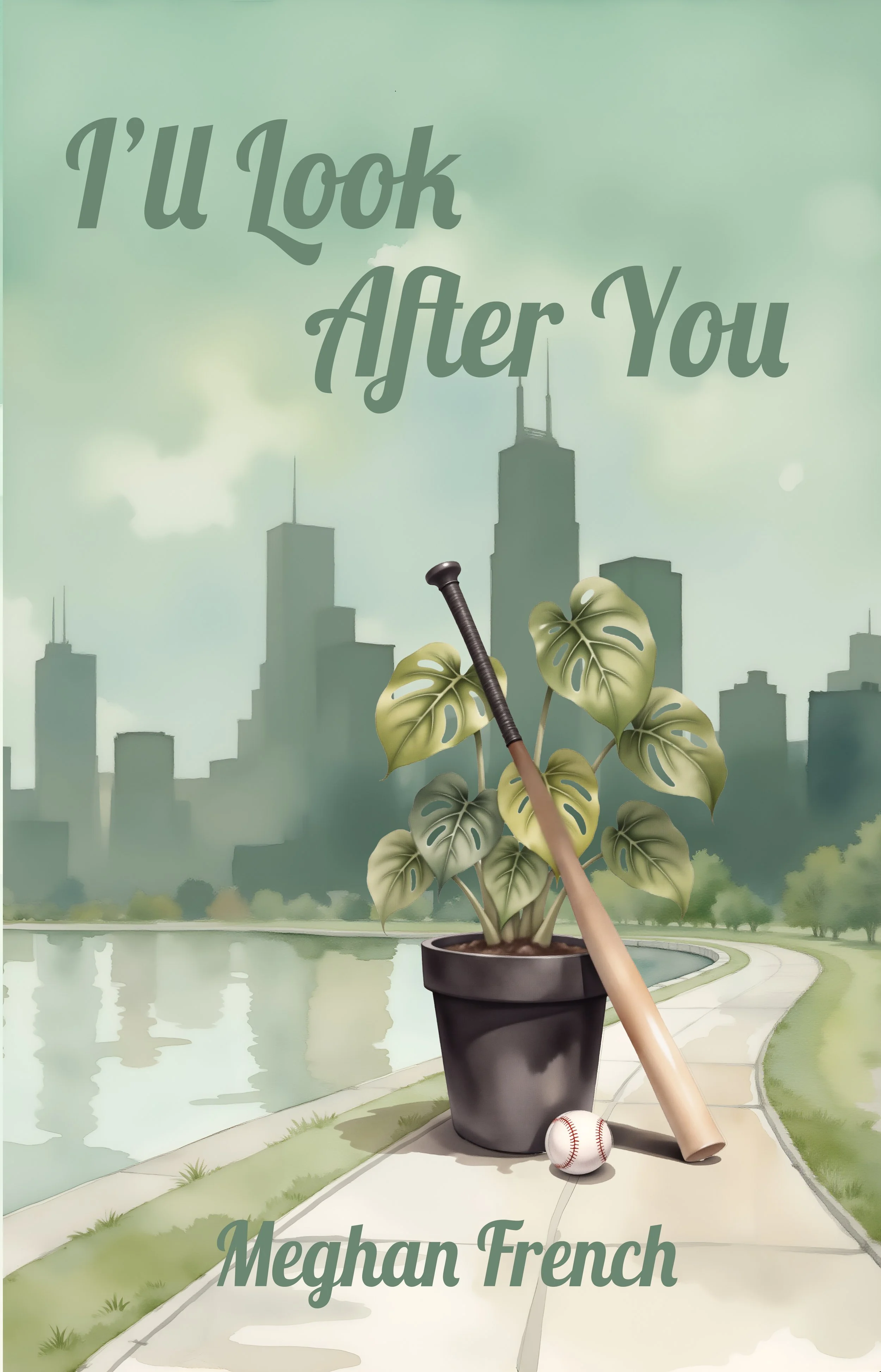 Book cover titled "I'll Look After You" by Meghan French with a city skyline, a potted plant, a baseball bat, and a baseball on a sidewalk in a park.