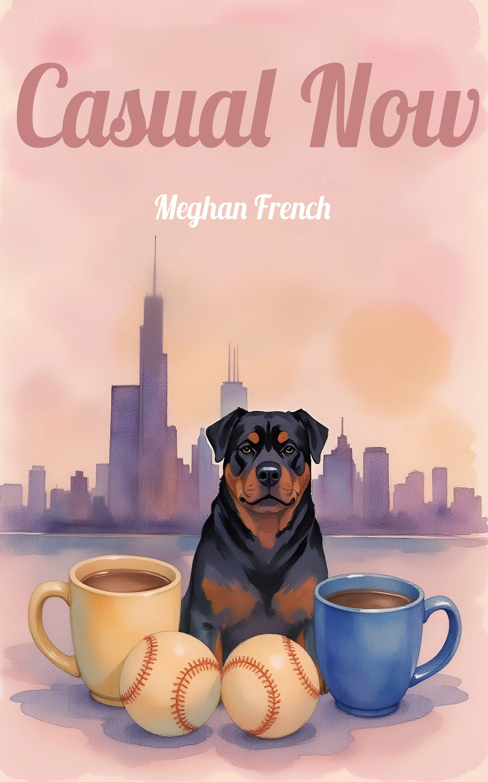 Book cover titled 'Casual Now' by Meghan French featuring a Rottweiler dog sitting between two baseballs and two mugs of hot chocolate, with a city skyline in the background.