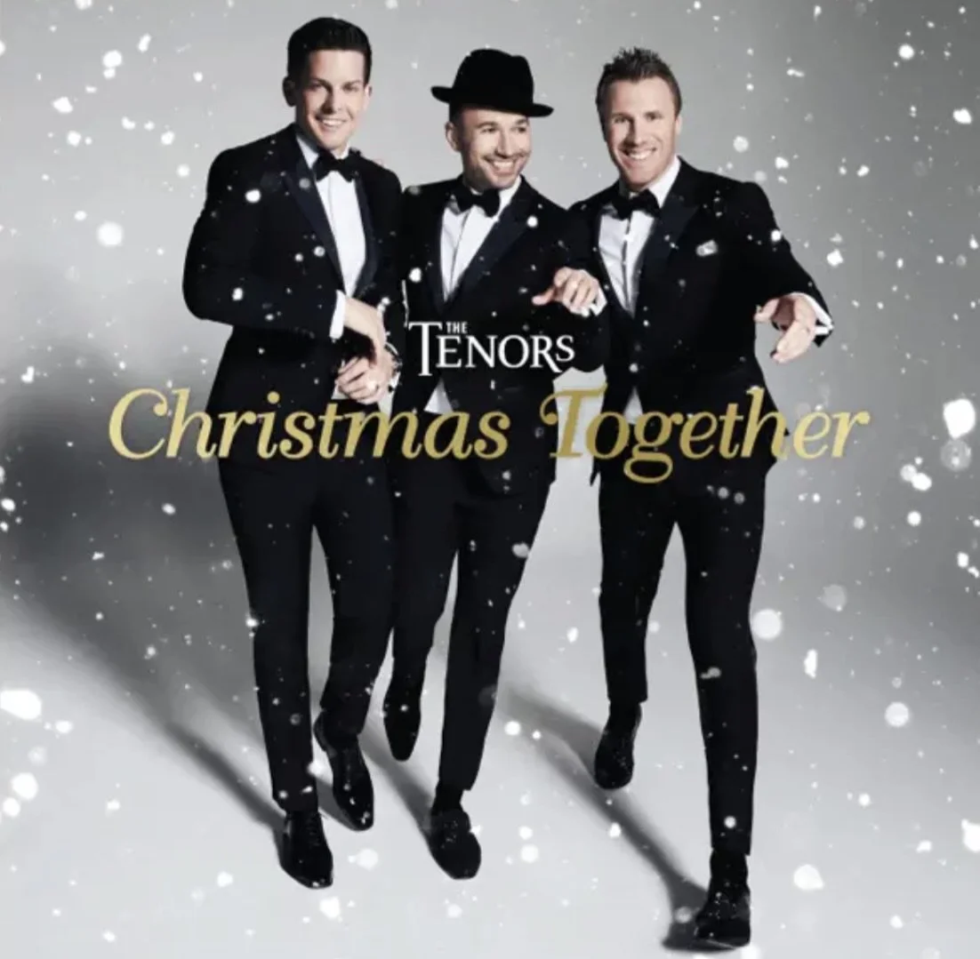 The Tenors singing group dressed in tuxedos with a snowy background, promoting their Christmas Together concert.