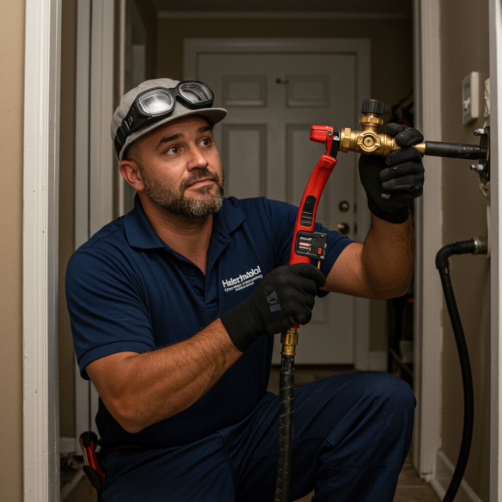 A man wearing a blue shirt, gray cap, and goggles on his head is working on plumbing inside a home. He is holding a red pipe wrench and adjusting a brass valve connected to black pipes.