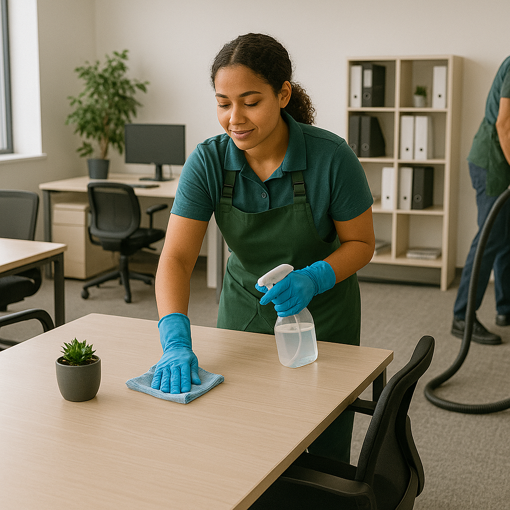 A woman wearing a green dress and cleaning an office desk with a spray bottle and cloth