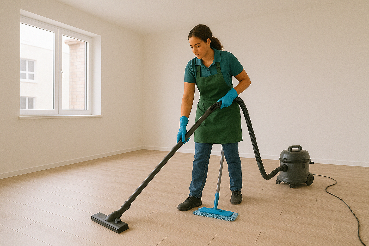 Woman cleaning a room with a vacuum and mop, wearing gloves and an apron.