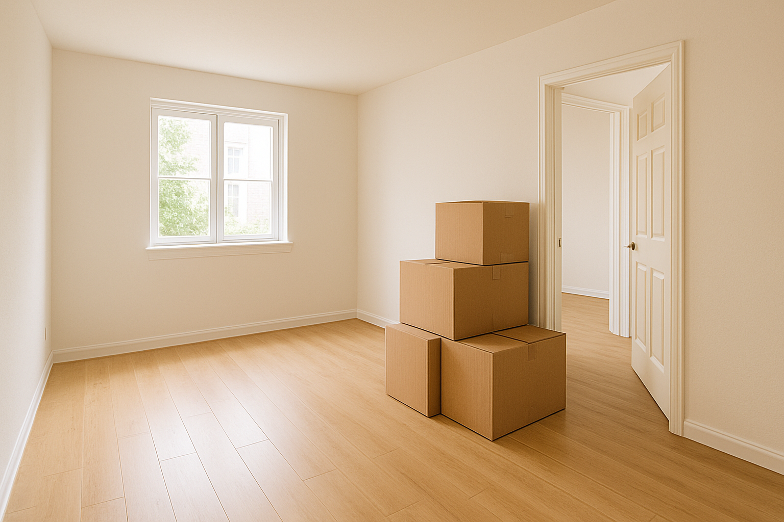 Empty room with light wooden flooring, cream walls, a window with a view of trees, and four stacked cardboard boxes near a doorway.