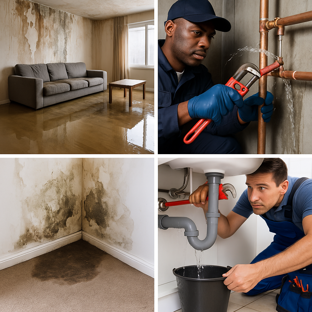 Top left: Living room with water damage and mold on the wall. Top right: Plumber fixing pipes with a wrench. Bottom left: Moldy and stained corner of a room. Bottom right: Plumber fixing a leaking pipe under a sink.