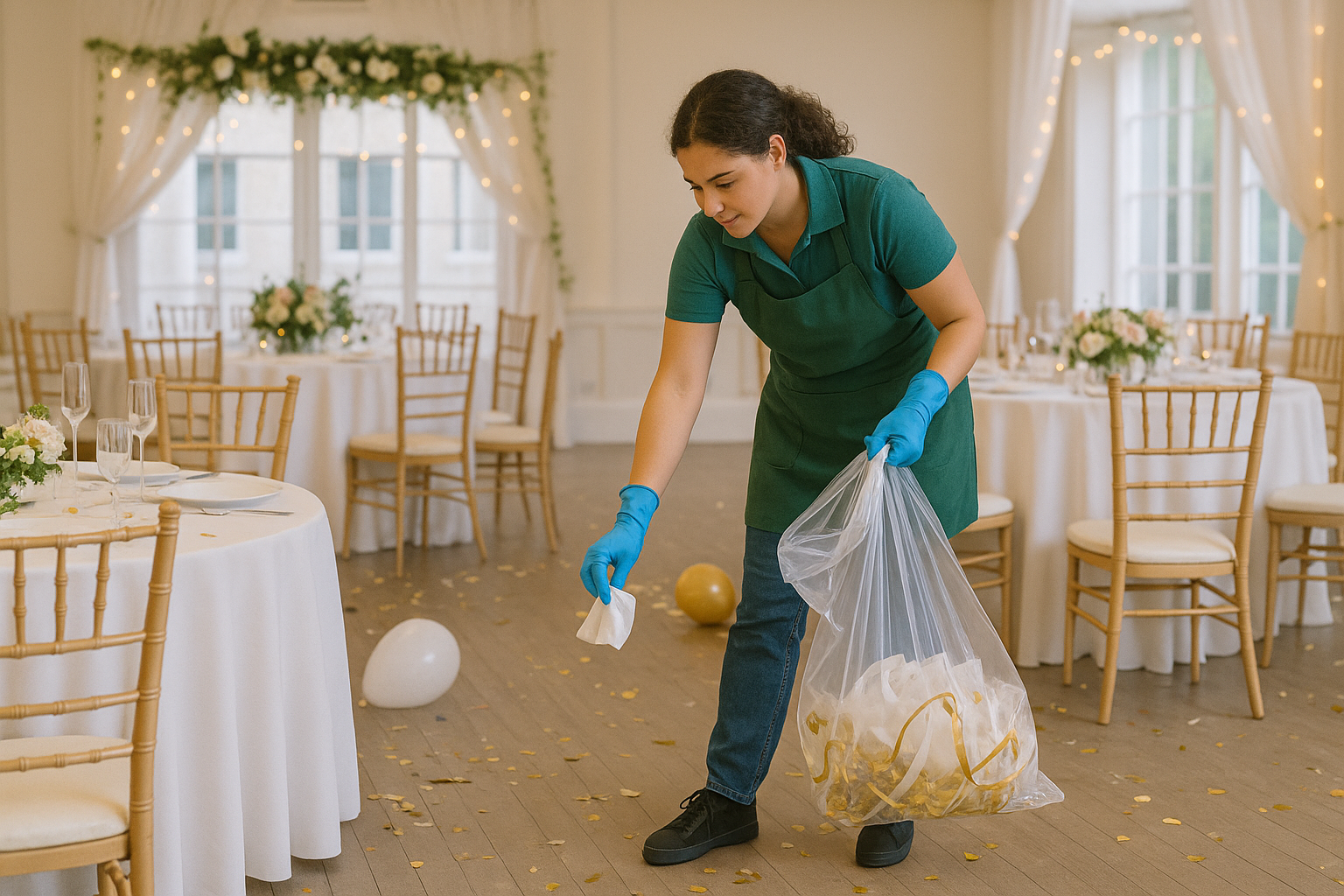 A woman wearing a green apron and blue gloves is cleaning a wedding reception hall with balloons and floral centerpieces on round tables, and tables decorated with white tablecloths and floral arrangements in the background