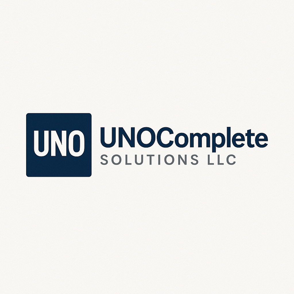 Logo for UNO UNComplete Solutions LLC with a dark blue square and white letters UNO, with dark blue, gray, and light gray text.