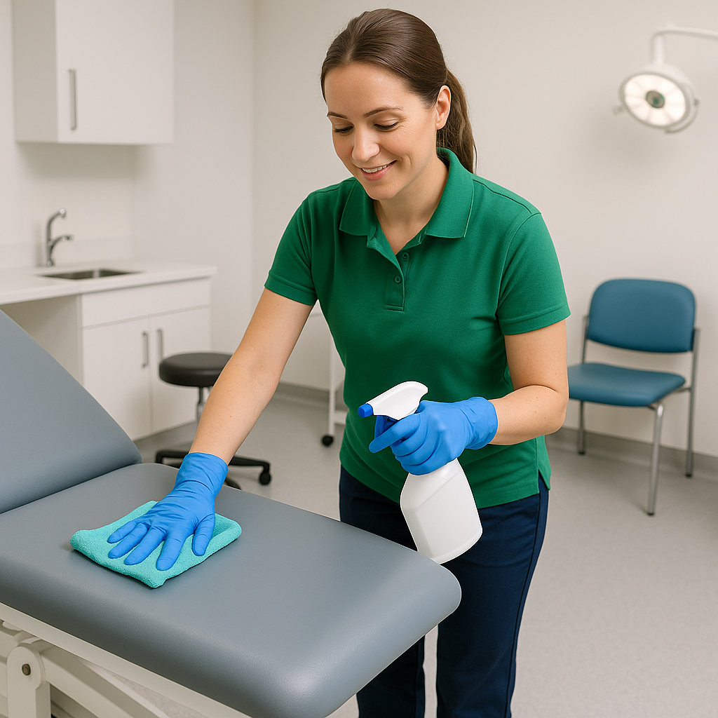 A woman wearing green scrubs and blue gloves cleaning a medical examination table with a spray bottle and cloth in a clinic.