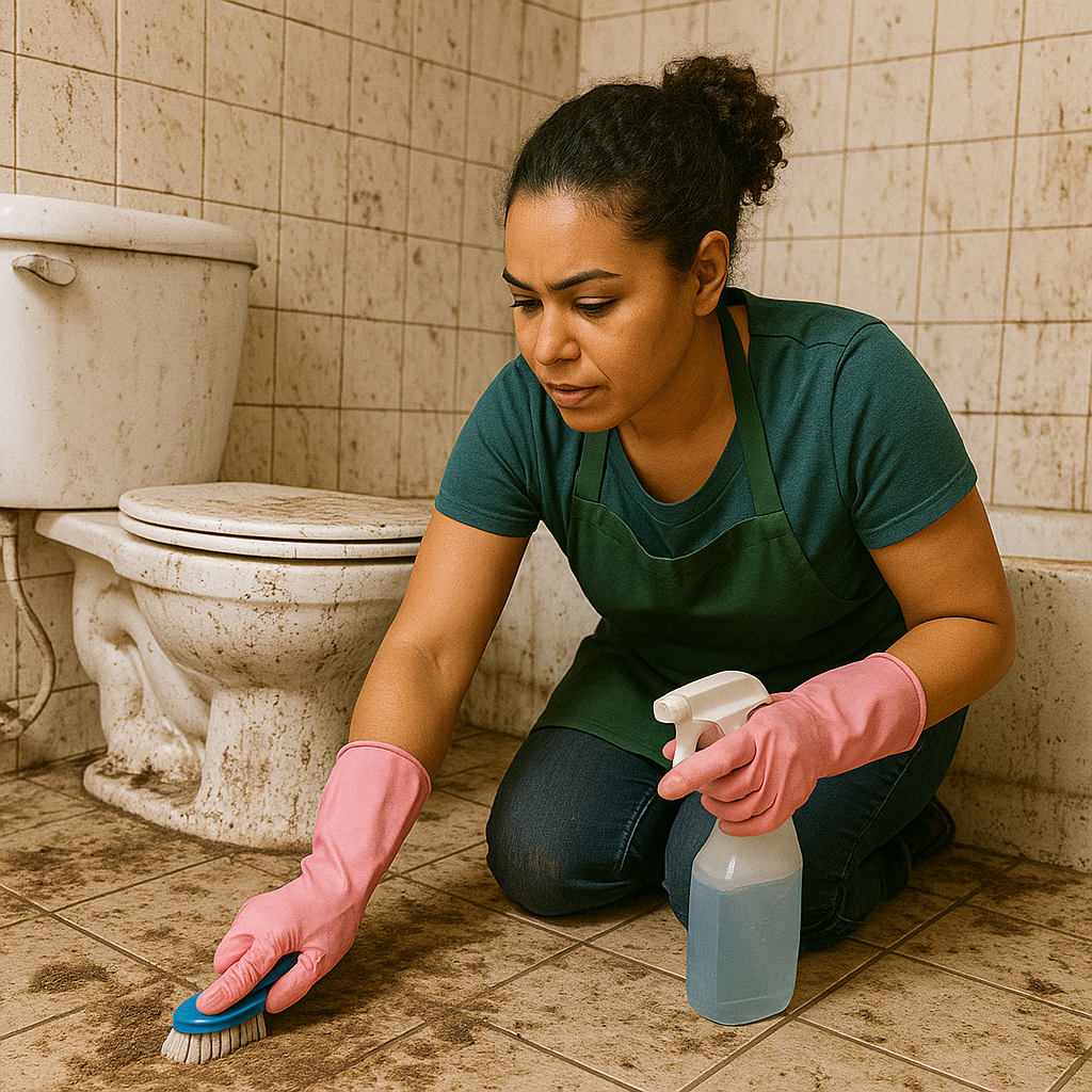 Woman cleaning a dirty bathroom floor with a scrub brush, wearing pink rubber gloves and holding a spray bottle.