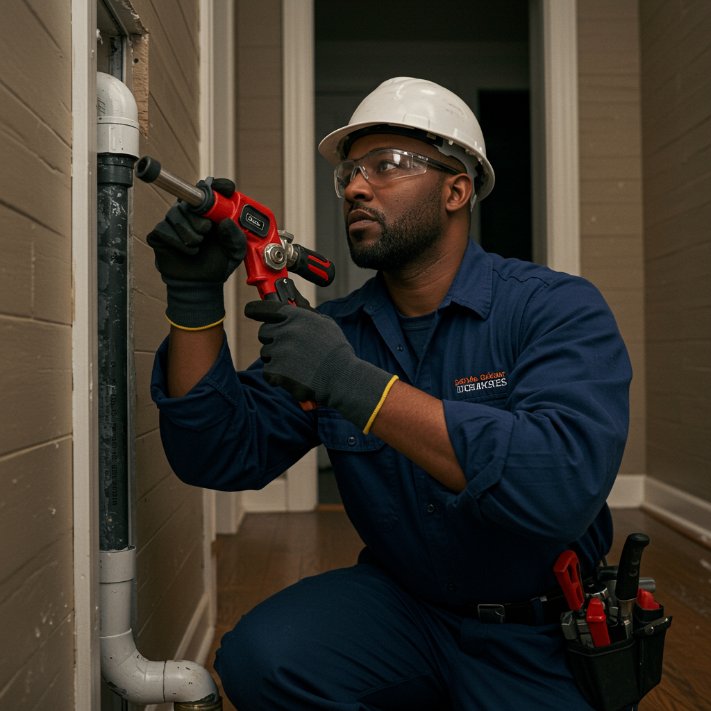 A male construction worker wearing safety gear, including a white helmet and safety glasses, is using a power drill to work on a pipe against a wooden wall inside a house.