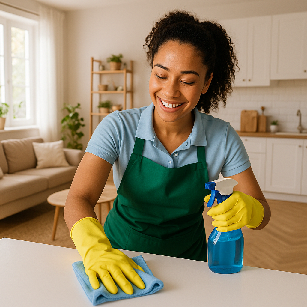 A young woman with curly hair, wearing a green apron and yellow gloves, happily cleaning a white surface with a spray bottle of blue cleaning solution and a blue cloth, in a bright and cozy kitchen.
