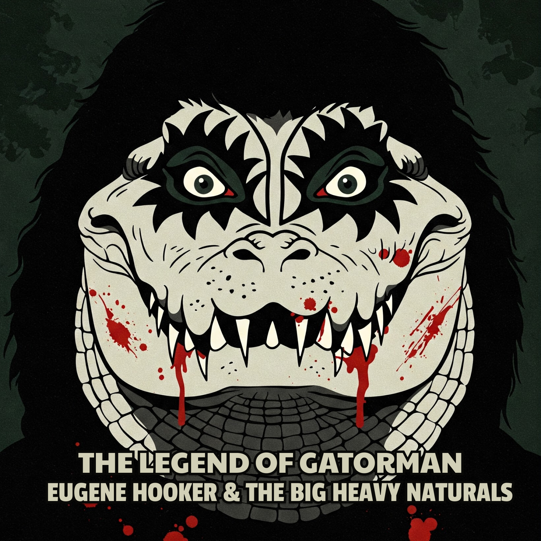 Illustration of a menacing creature with a gorilla-like face, sharp teeth, and bloodstains, wearing a detailed mask with tiger-like stripes, set against a dark background. Text overlay: "The Legend of GatorMan Eugene Hooker & The Big Heavy Naturals."