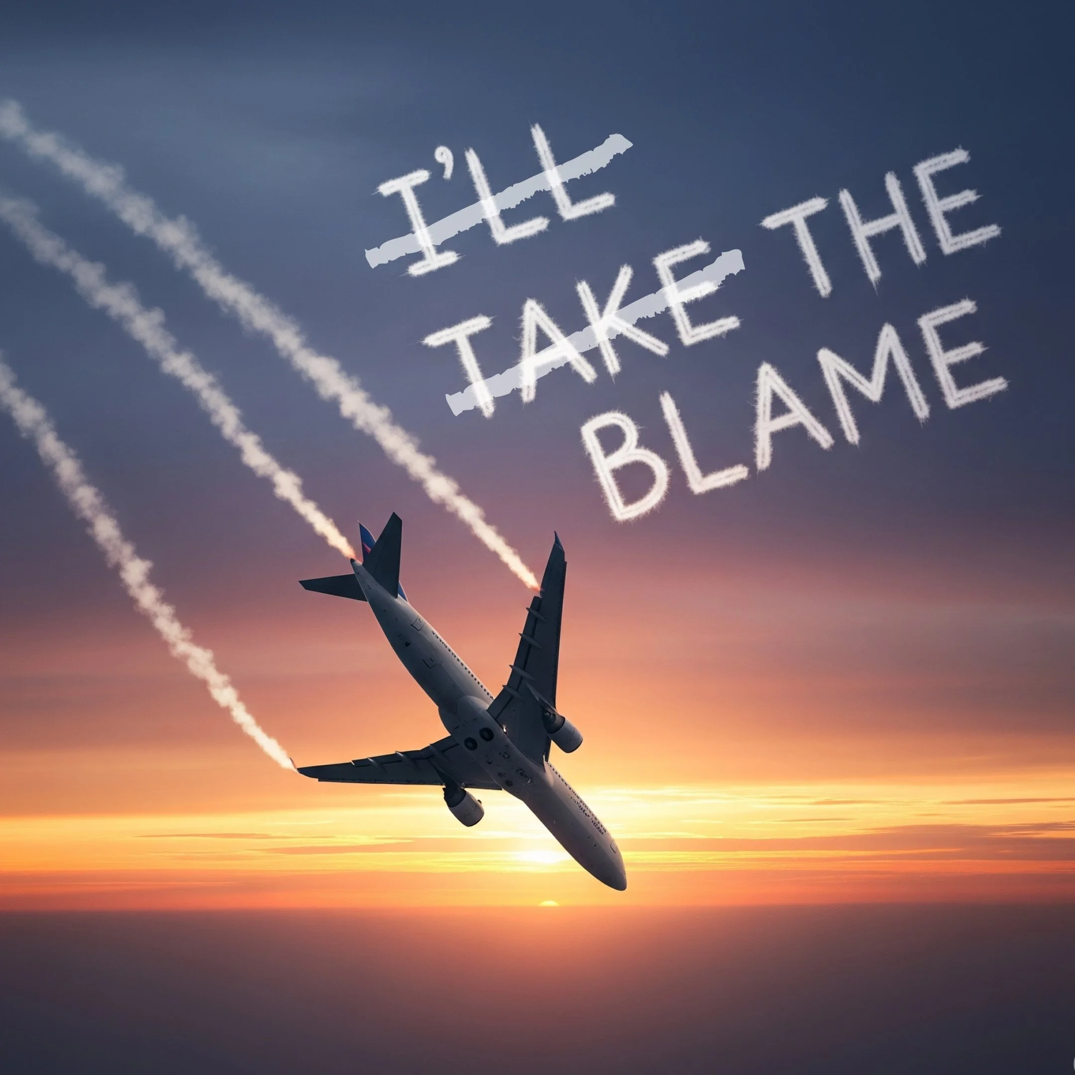 An airplane flying at sunset with contrails behind it, with white, chalk-like text overlay reading "I'll take the blame" in the sky.