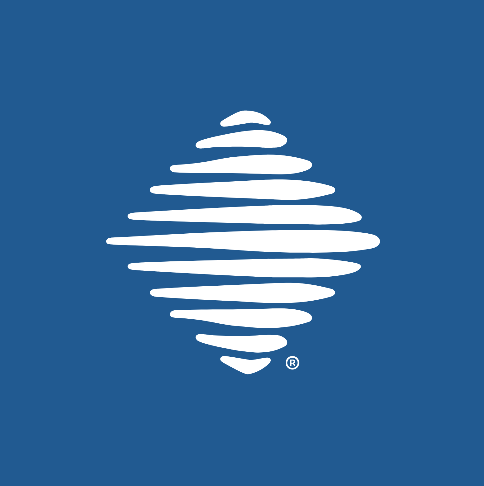 Blue background with a white abstract spiral logo.