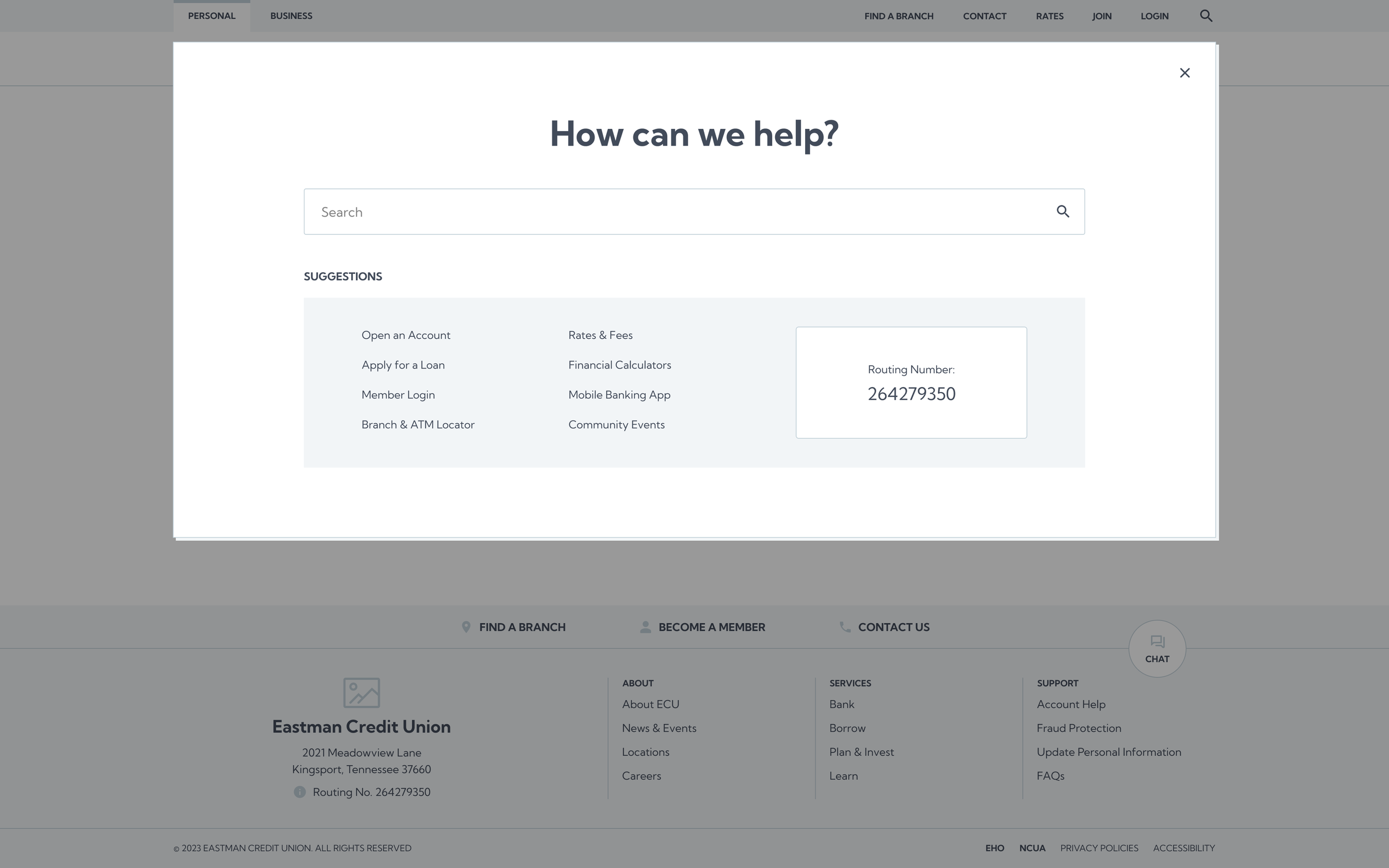A pop-up help center window from Eastman Credit Union's website with a search bar and suggested topics, including account opening, loans, member login, and routing number.