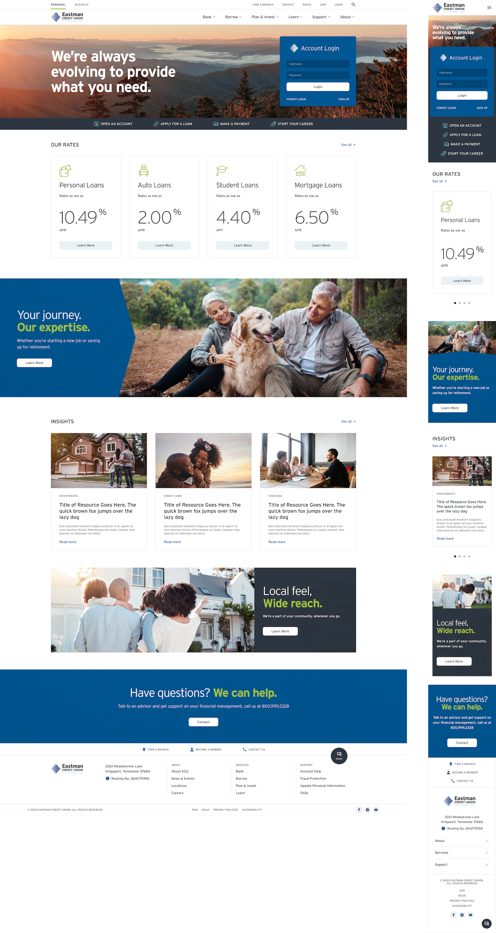 The homepage of Eastman Credit Union website featuring a mountain sunset background, blue account login box, financial rates, and images of people and families.