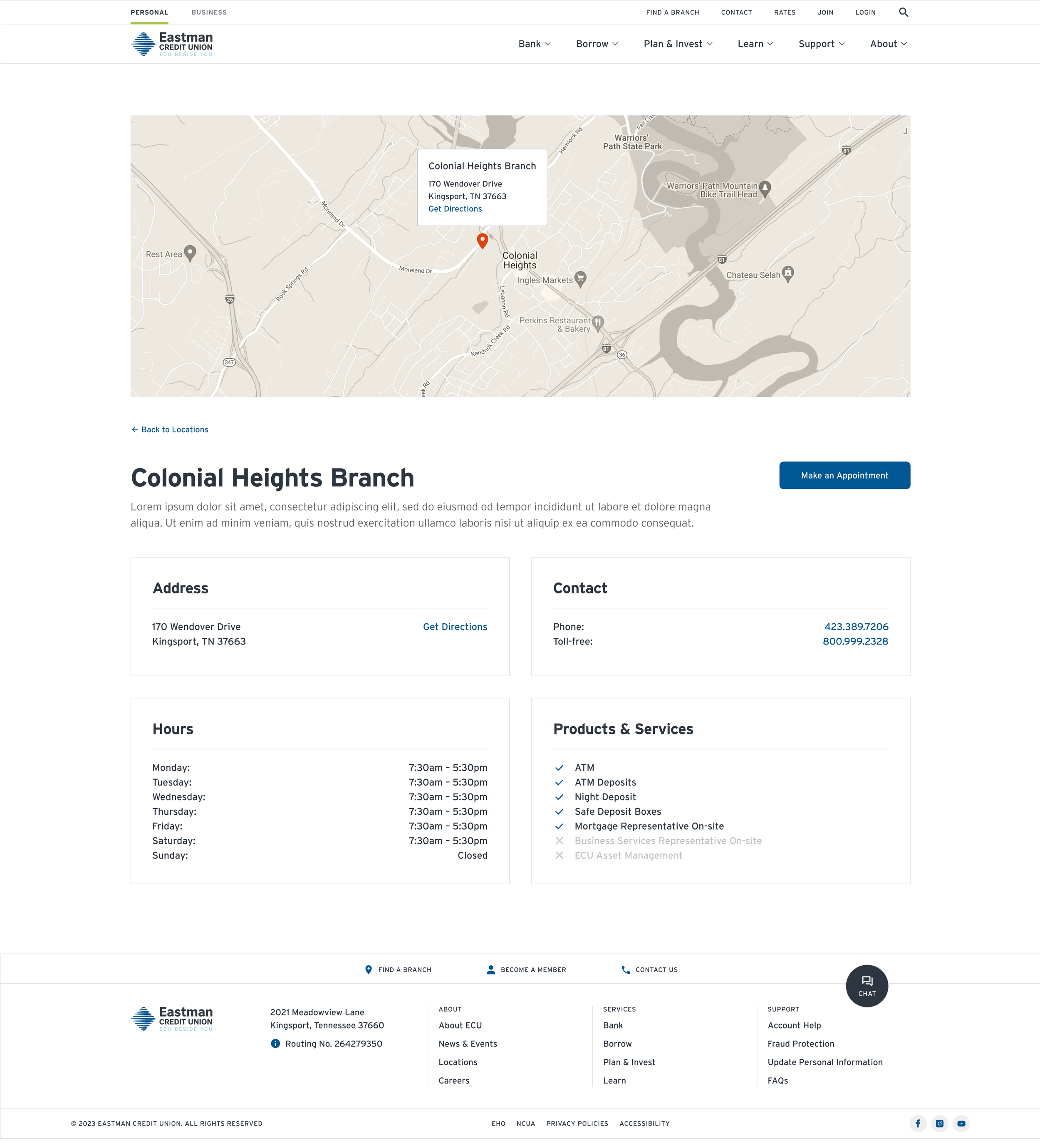 Map showing the location of the Colonial Heights Branch of Eastman Credit Union at 170 Wendover Drive, Kingsport, TN 37663. The webpage includes contact details, hours of operation, and services offered, with options to make an appointment or get directions.