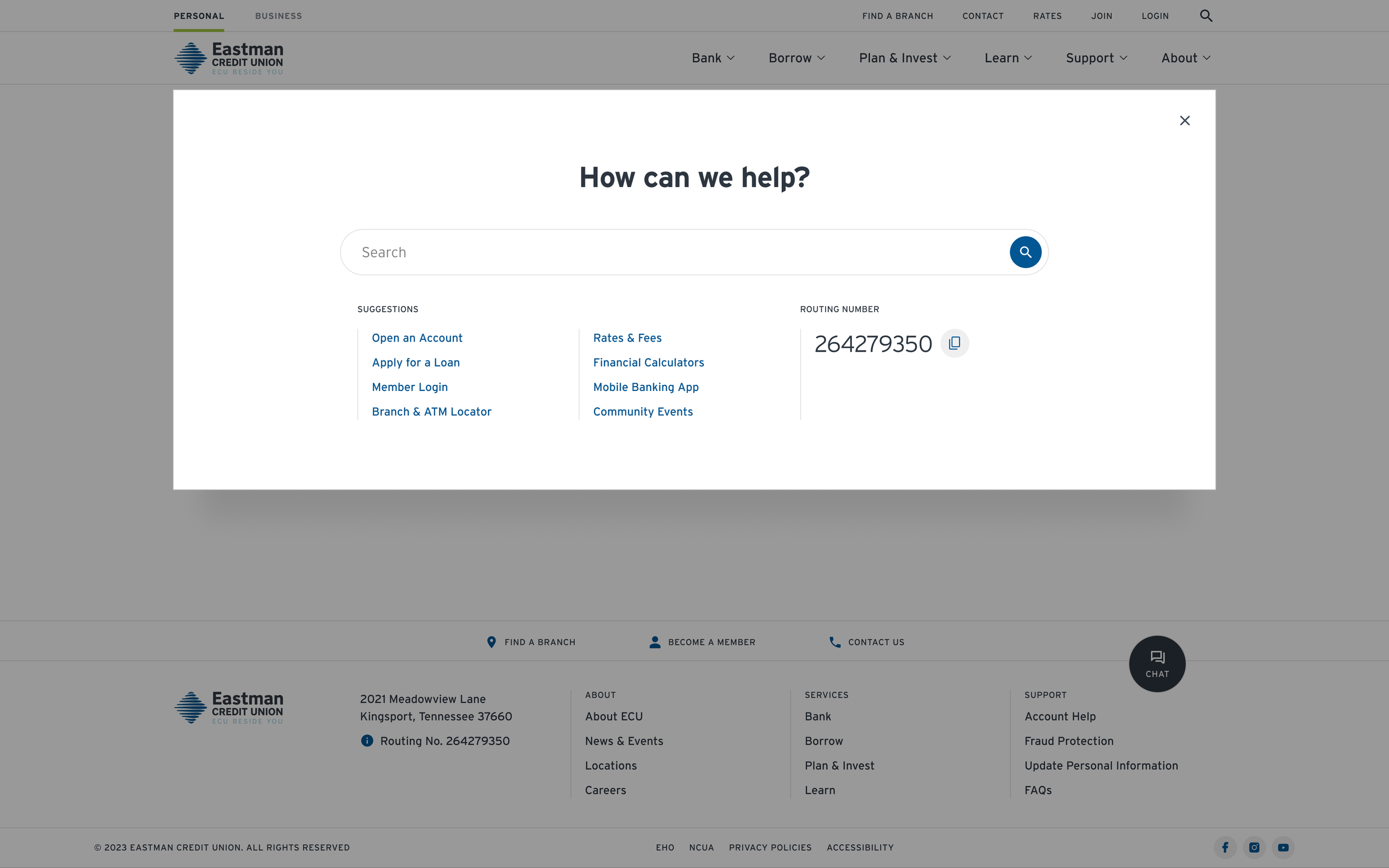 A pop-up window on the Eastman Credit Union website with the title 'How can we help?' displaying search suggestions such as 'Open an Account,' 'Apply for a Loan,' 'Member Login,' 'Branch & ATM Locator,' and links for 'Rates & Fees,' 'Financial Calculators,' 'Mobile Banking App,' and 'Community Events.' It also shows a routing number 264279350.