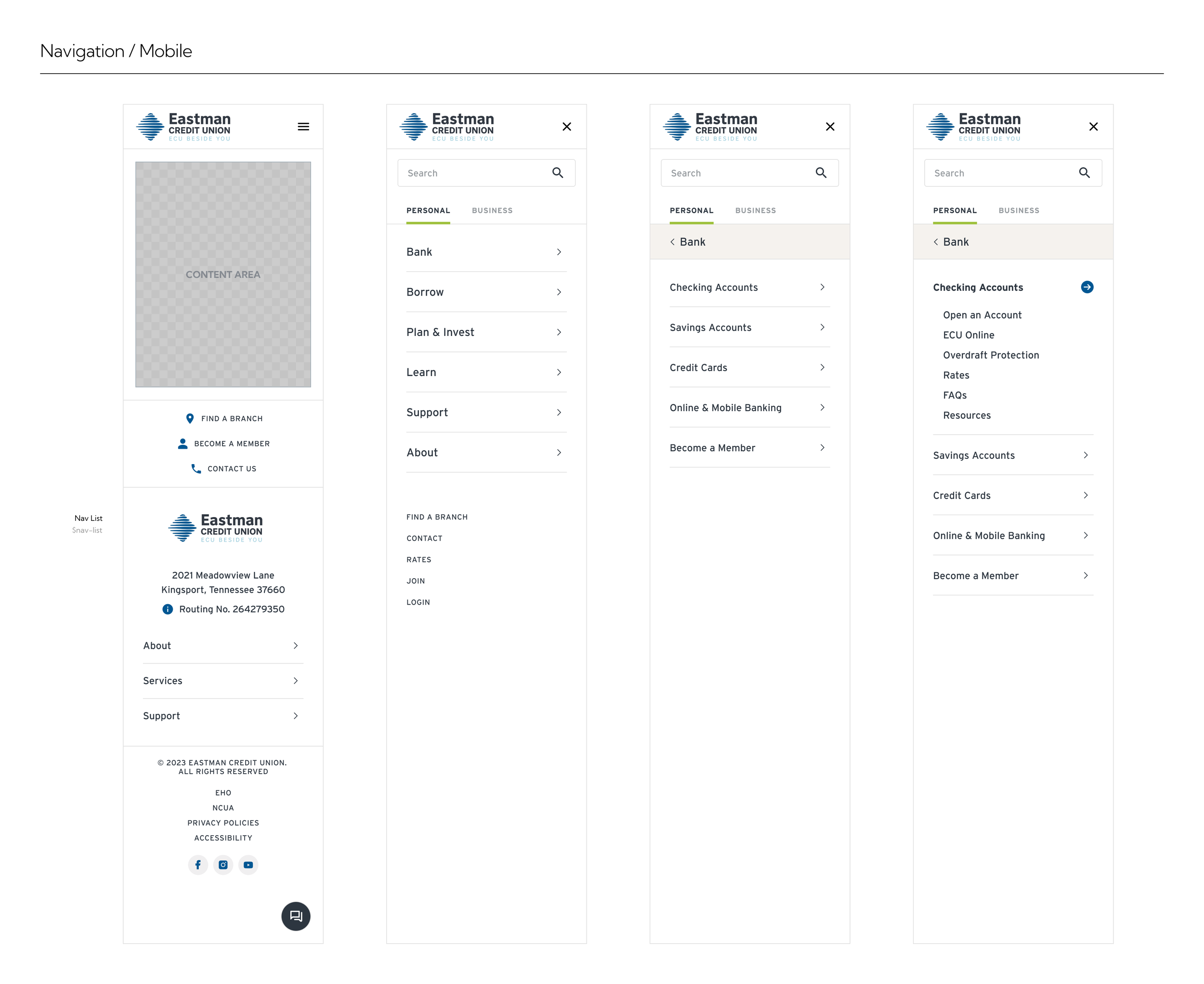 Mobile banking app interface for Eastman Credit Union, showing navigation menus for personal banking options, account information, and support contact details.
