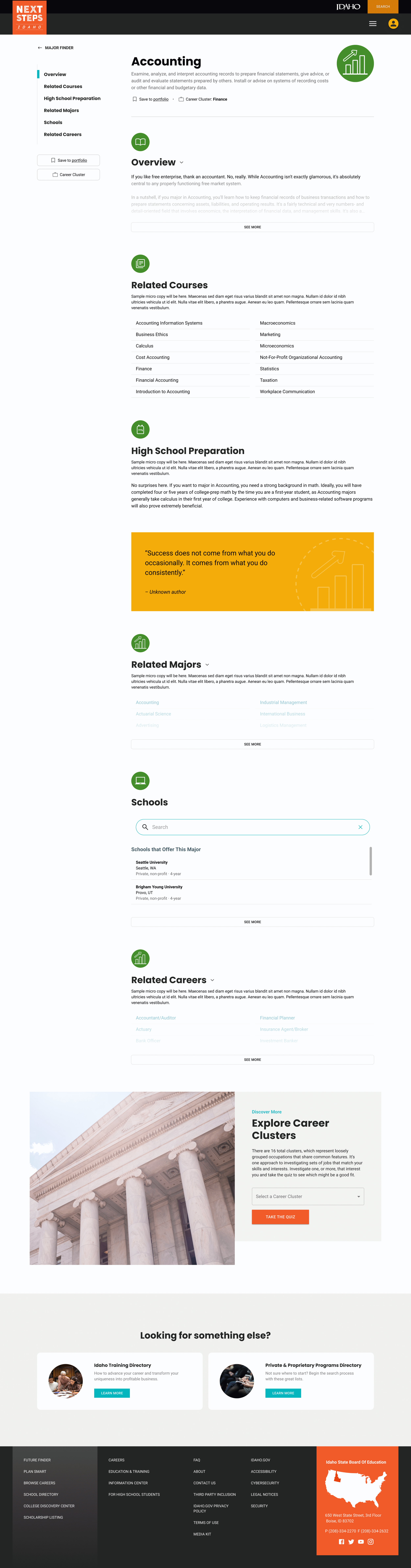 A webpage about accounting education, including sections on related courses, high school preparation, related majors, schools, careers, and career clusters, with a quote and footer information.