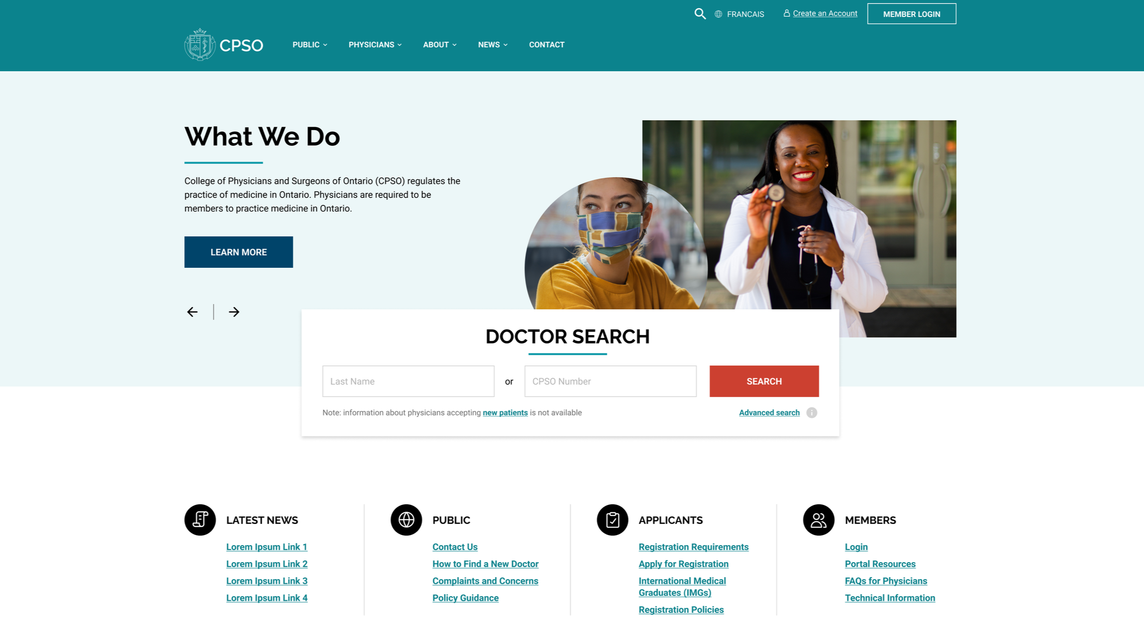 College of Physicians and Surgeons of Ontario website homepage. The page features a 'What We Do' section with two images of smiling healthcare professionals, one wearing a face mask and the other in a white lab coat holding a stethoscope. The website includes a doctor search feature, news links, and menu options for public information, physicians, about, news, and contact.
