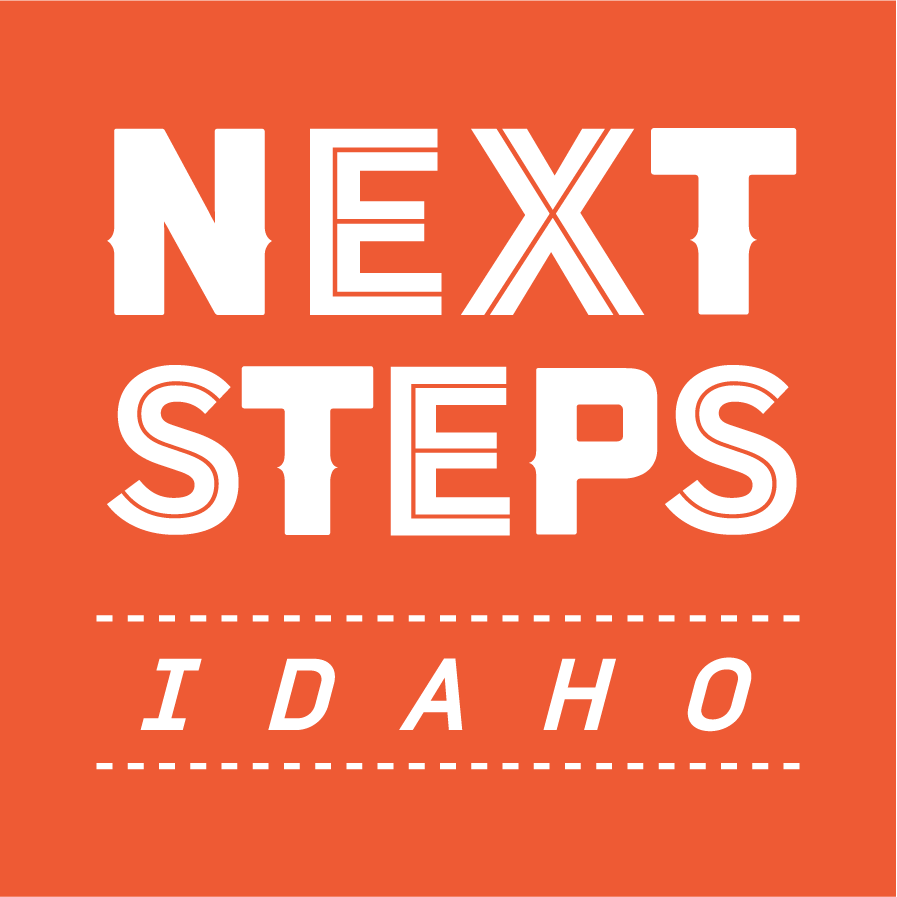 Graphic with orange background and white text that reads "Next Steps Idaho"